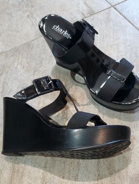 Charles By Charles David Black Patent Wedge Sandals with Buckle Straps